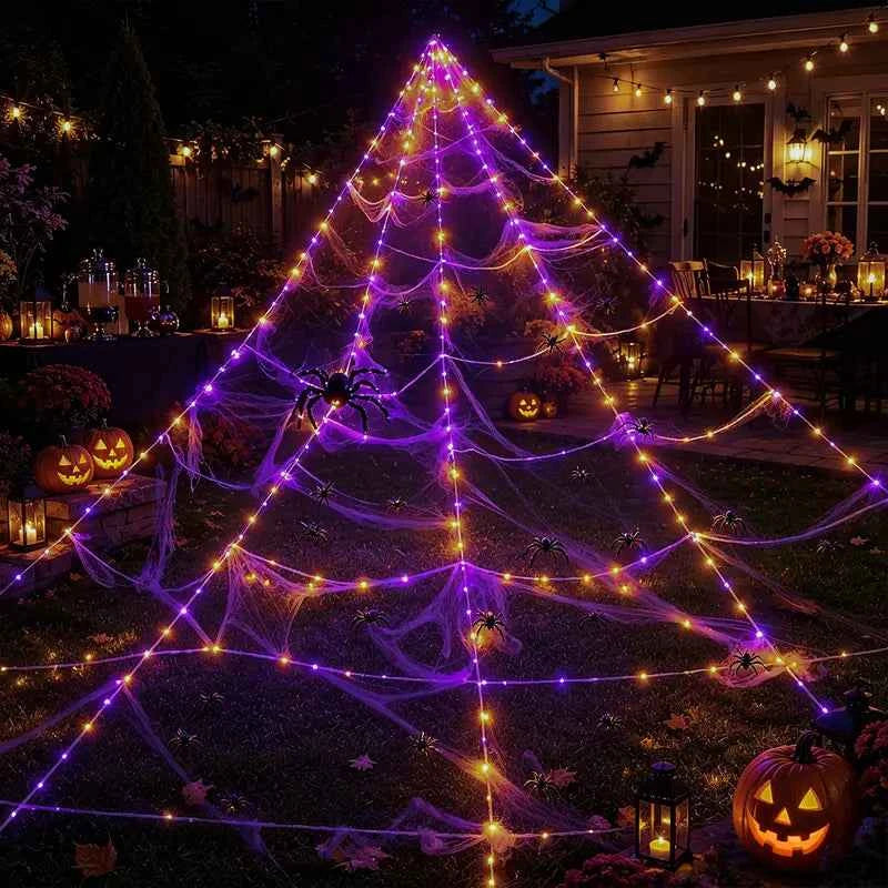 【🎃Halloween sale🎃】Halloween Spider Web Lights Outdoor | LED Spider Web Decoration With Glowing Spider For Yard & Party Decor