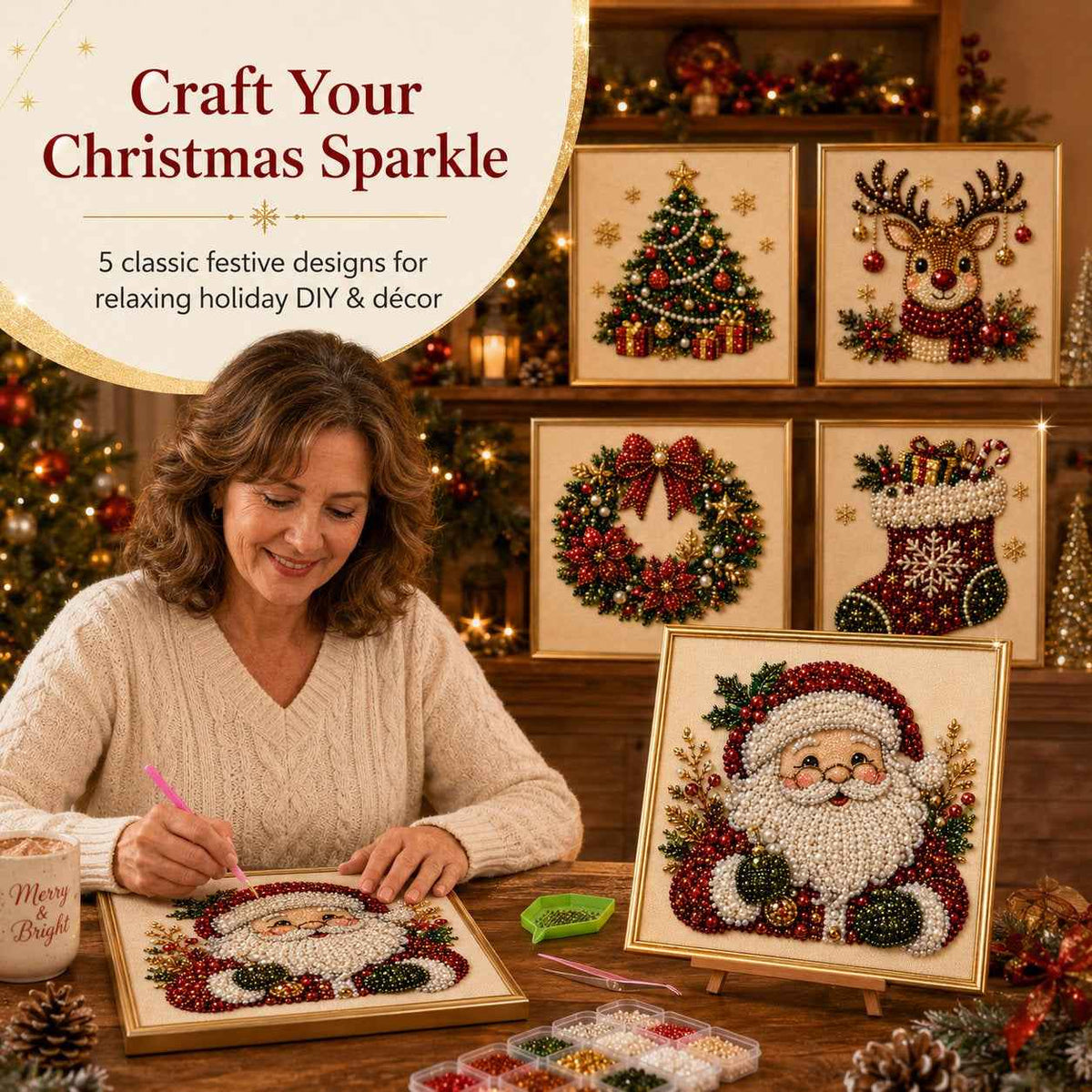 DIY 3D Christmas Pearl Art Kit | Holiday Bead Painting Craft & Framed Christmas Wall Decor