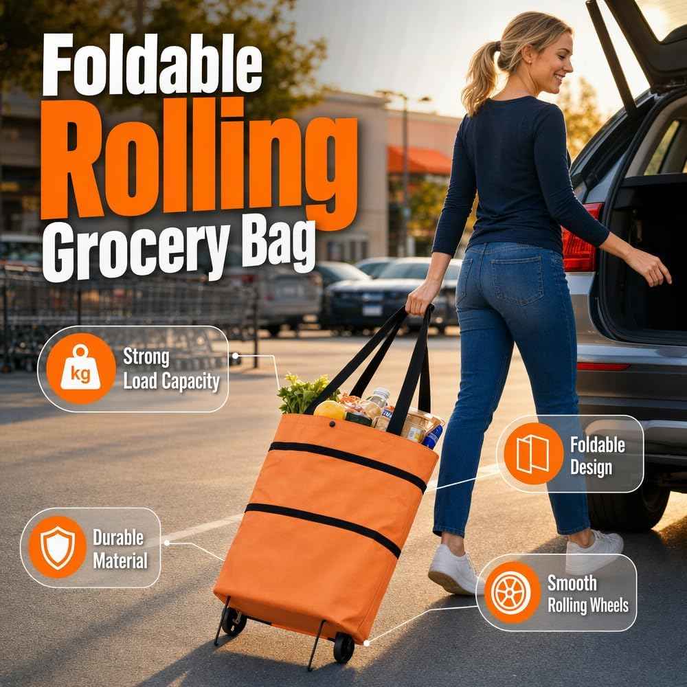 2-in-1 Foldable Shopping Cart With Wheels | Waterproof Grocery Tote Bag For Grocery Shopping, Laundry & Travel