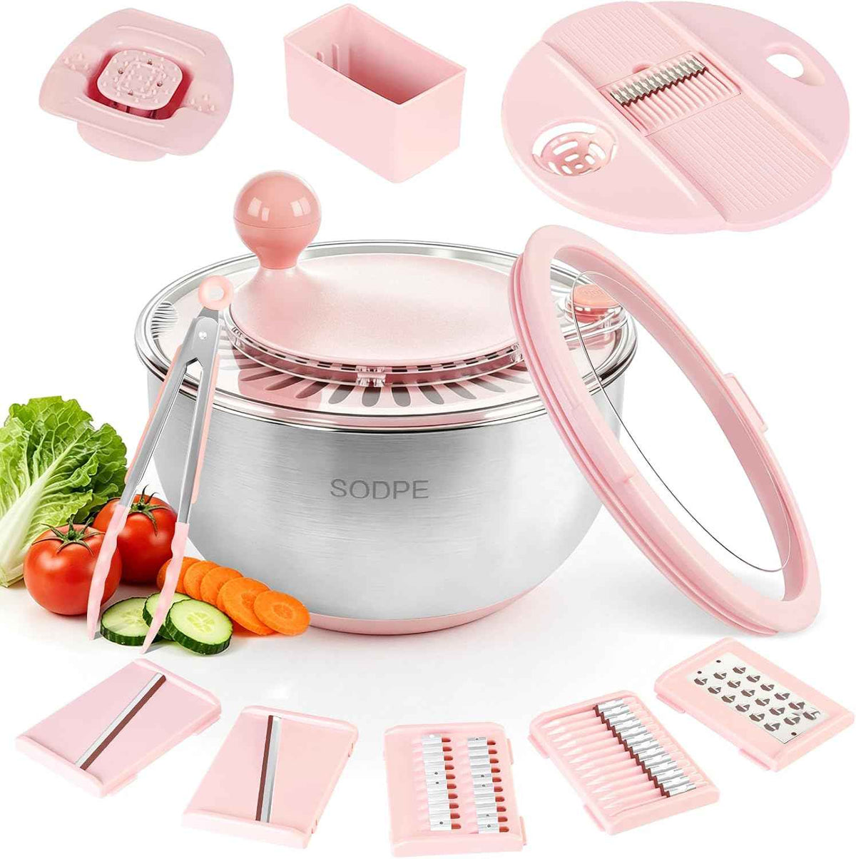Stainless Steel Salad Spinner Large with 5 Blades Slicer, Lettuce Washer Spinner and Dryer, Vegetable Fruits Chopper Bowl, Egg Yolk Strainer, 5.3Qt Pink