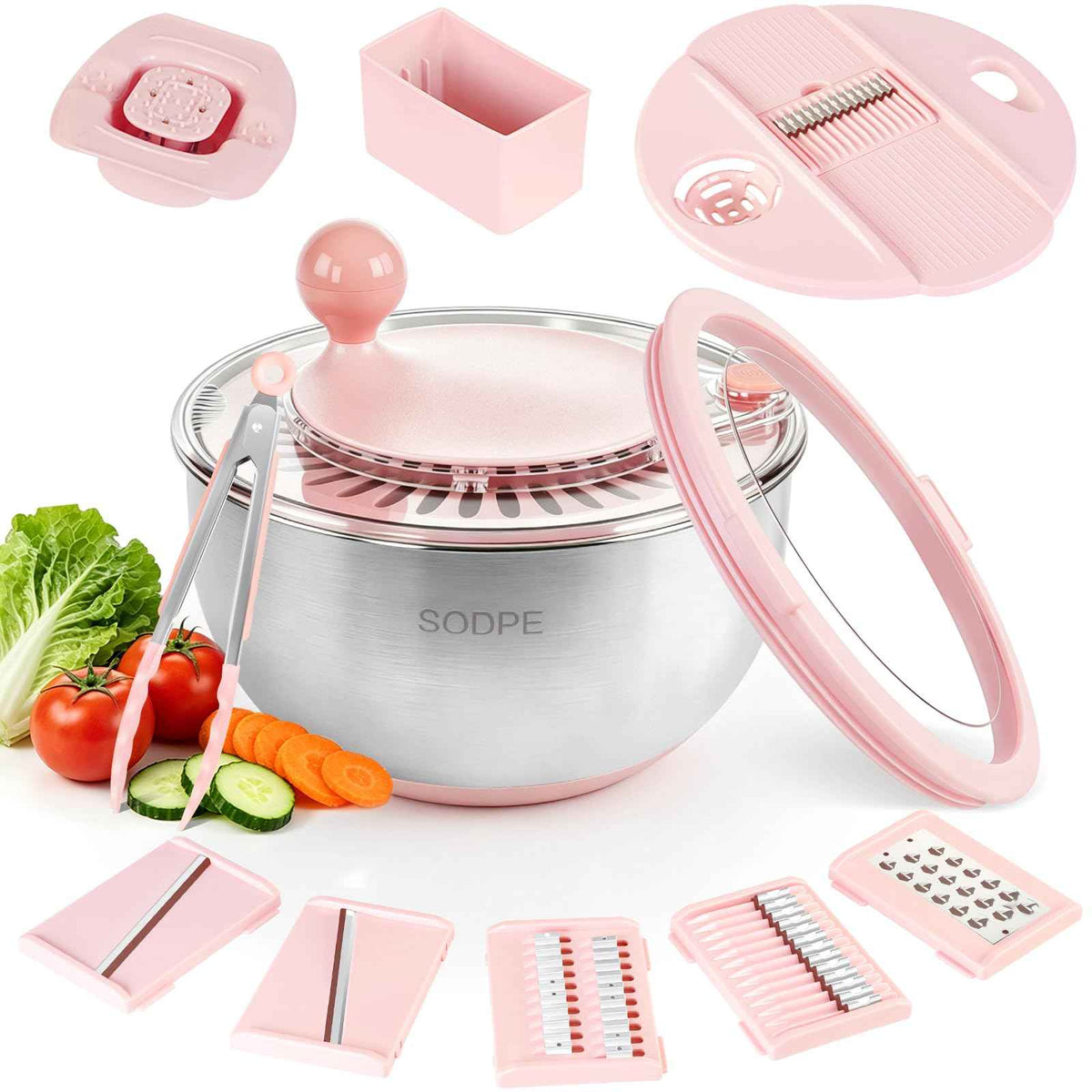Stainless Steel Salad Spinner Large with 5 Blades Slicer, Lettuce Washer Spinner and Dryer, Vegetable Fruits Chopper Bowl, Egg Yolk Strainer, 5.3Qt Pink
