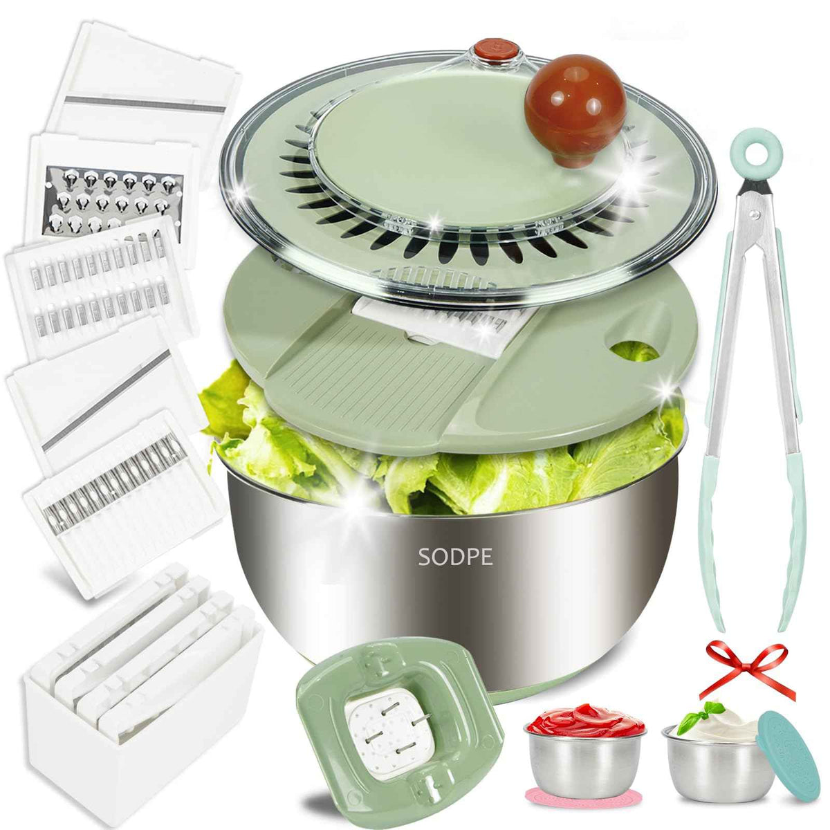 Stainless Steel Salad Spinner Large with 5 Blades Slicer, Lettuce Washer Spinner and Dryer, Vegetable Fruits Chopper Bowl, Egg Yolk Strainer, 5.3Qt Pink
