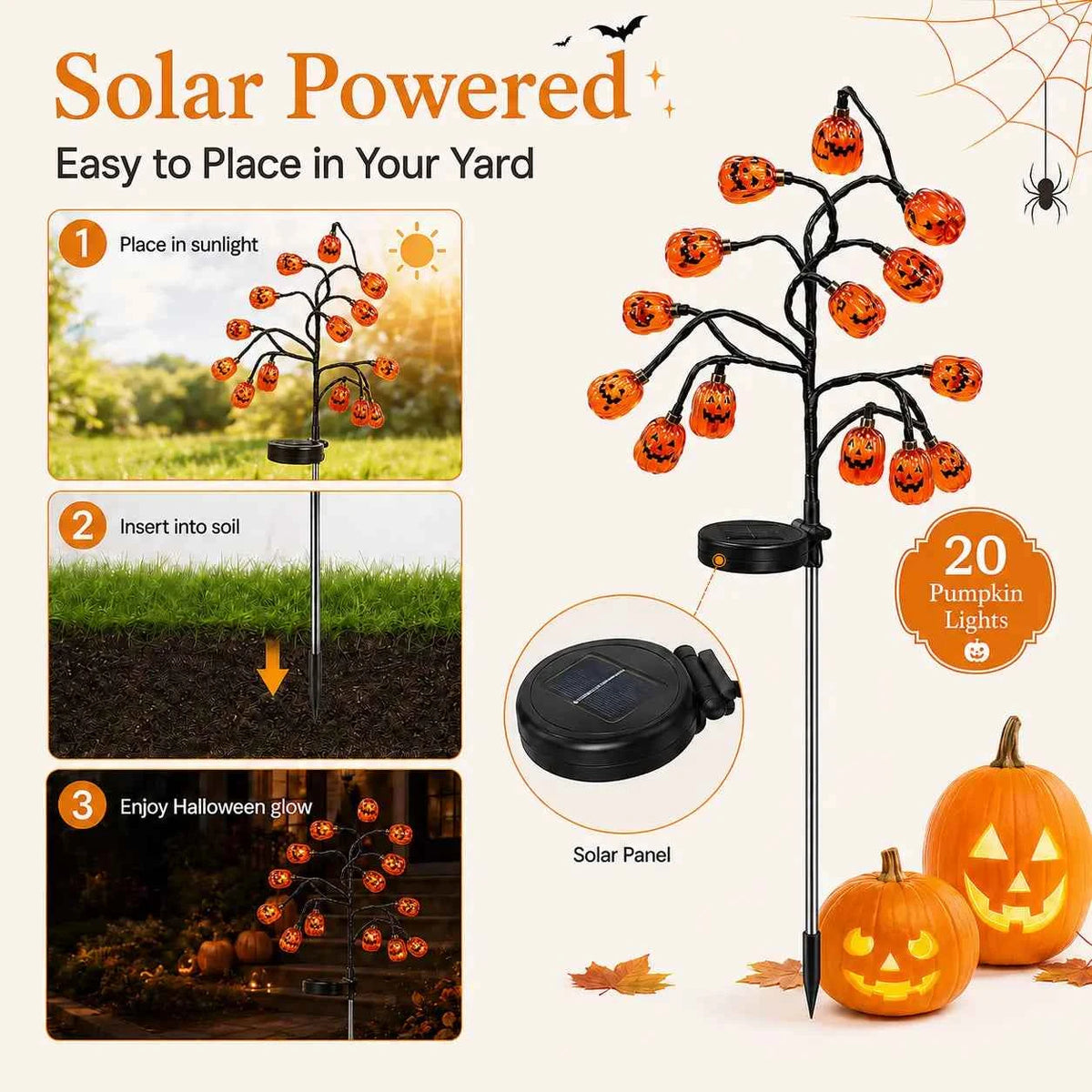 Solar Pumpkin Stake Lights Durable PS Pumpkin Heads,20-Head Halloween Garden Lights with 8 Lighting Modes & Auto On/Off, Outdoor Pathway Yard Lawn Decor, 2/4 Pack tiktokshopbacktoschool