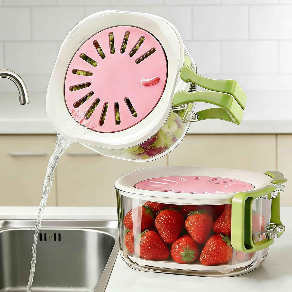 2-Pack Wash, Drain & Store Colander Set | Fridge Produce Keeper with Lid