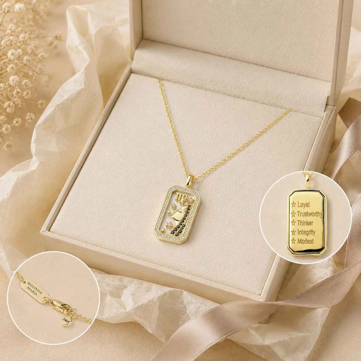 Personalized Zodiac Mother of Pearl Necklace | Custom Engraved 18K Gold-Plated Pendant