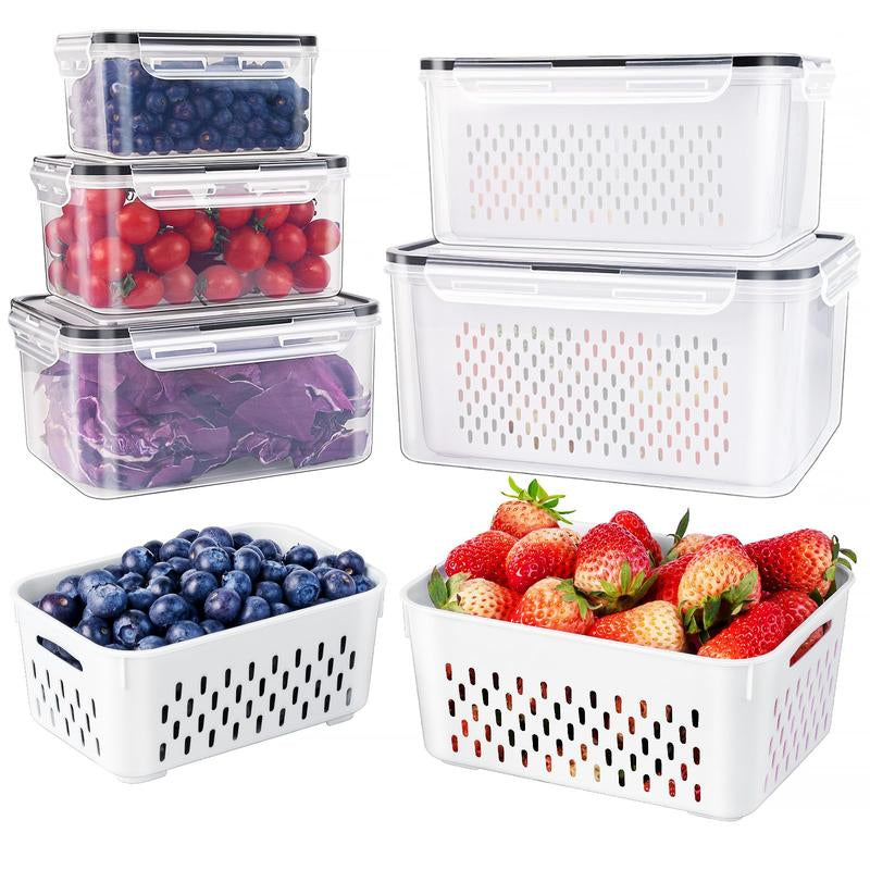 Fruit & Vegetable Storage Container with Drain Basket | Refrigerator Organizer Box for Fresh Food
