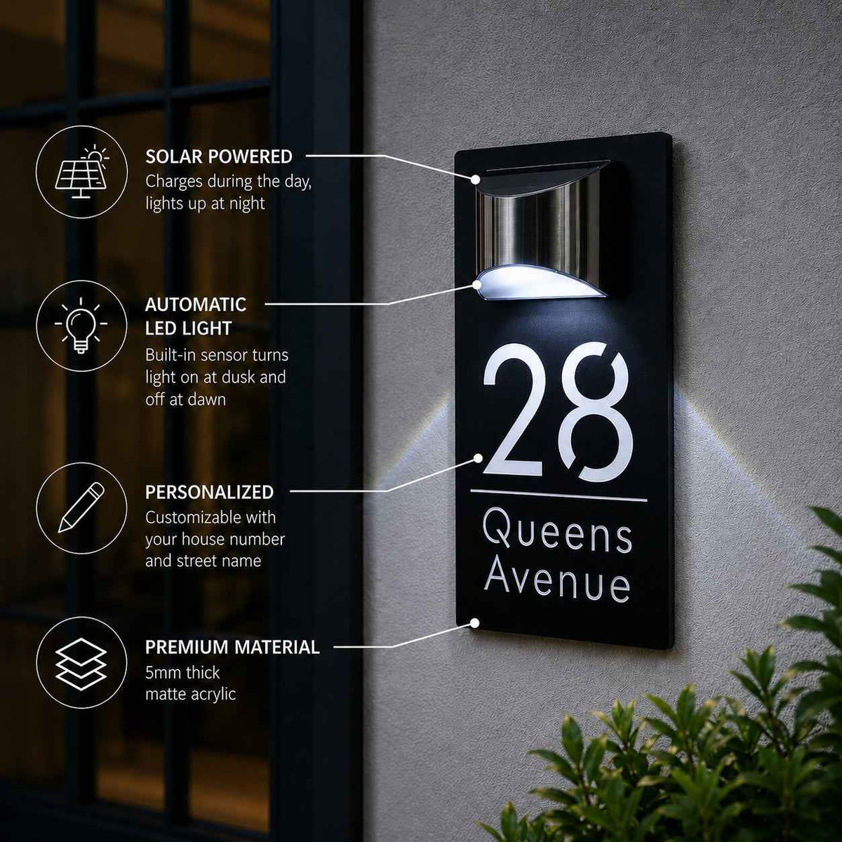 Personalized Solar House Number Sign | Modern LED Address Plaque for Front Door