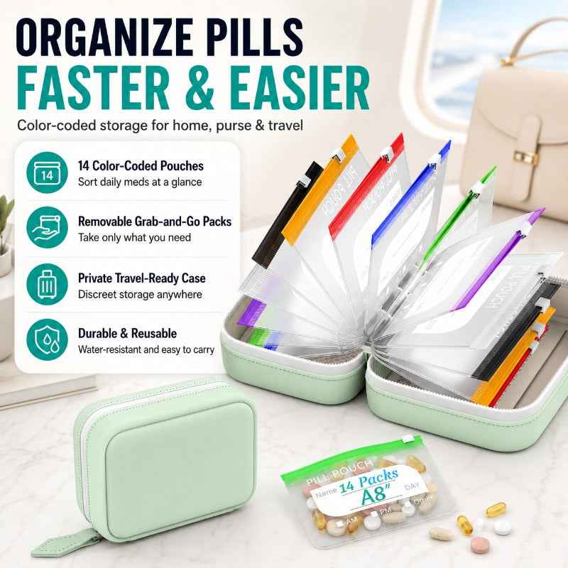 Portable Weekly Pill Organizer Binder | Removable Travel Medicine Pouches