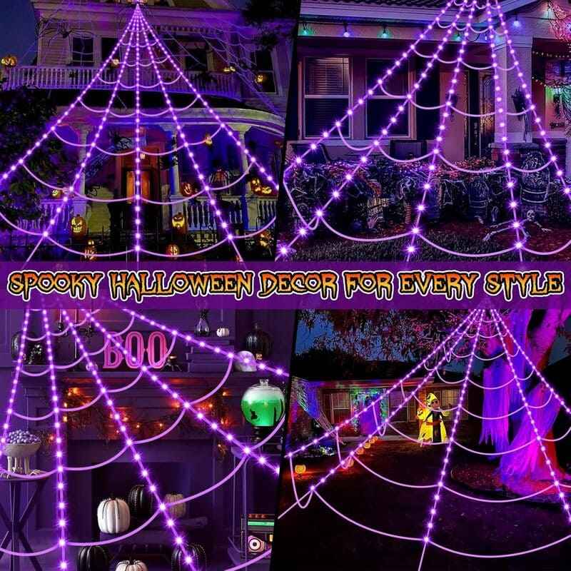 【🎃Halloween sale🎃】Halloween Spider Web Lights Outdoor | LED Spider Web Decoration With Glowing Spider For Yard & Party Decor