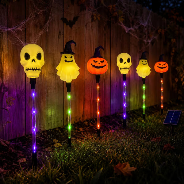 【🎃Halloween Sale🎃】6-Pack Solar Halloween Pathway Lights – Ghost, Pumpkin & Skeleton Yard Stakes