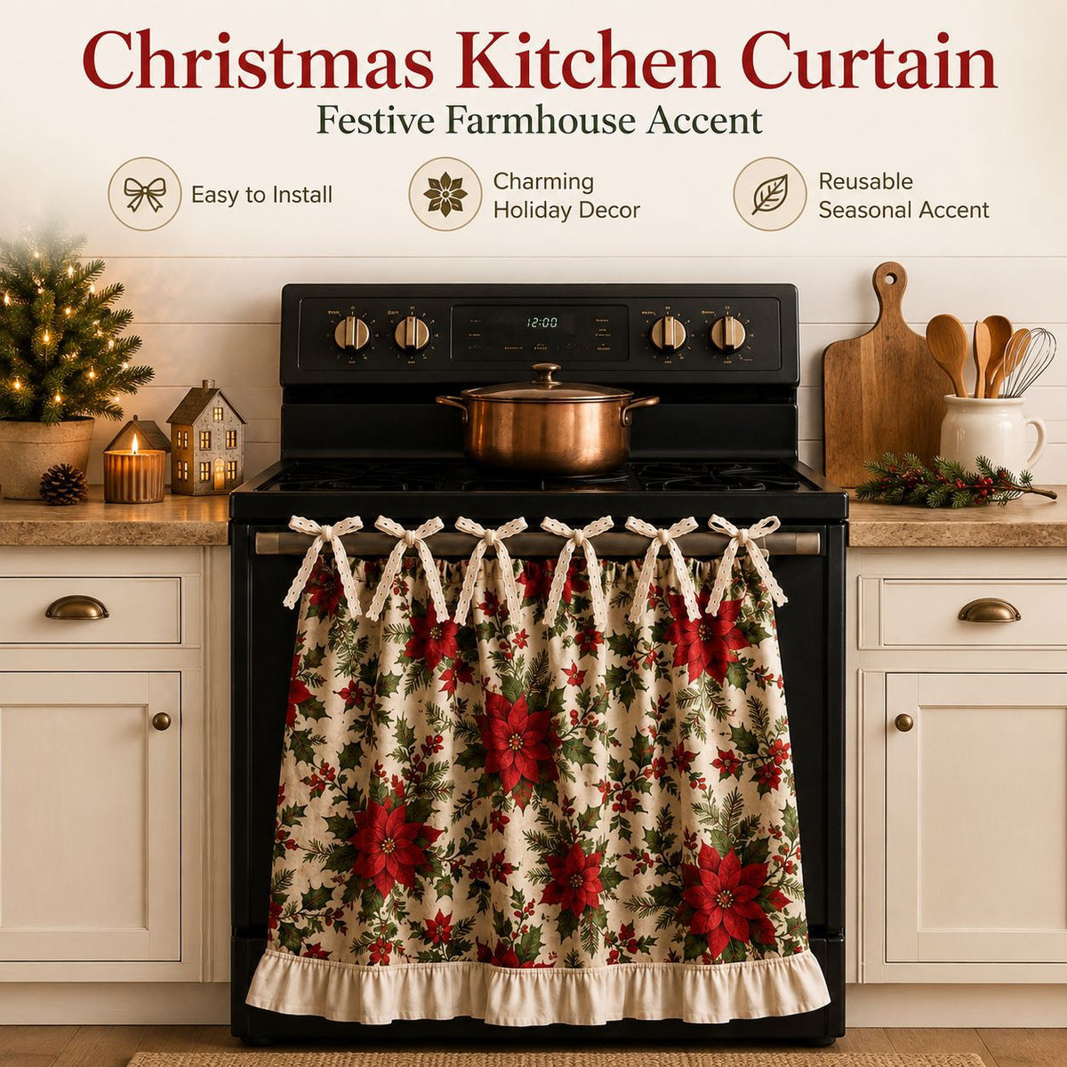 Beautiful Christmas Oven Protector, Holiday Kitchen Decor Gift for Mom, Cute Ruffled Appliance Cover