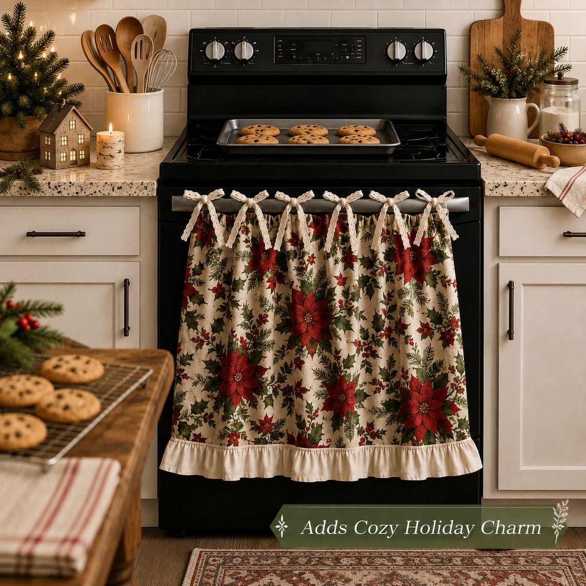 Beautiful Christmas Oven Protector, Holiday Kitchen Decor Gift for Mom, Cute Ruffled Appliance Cover