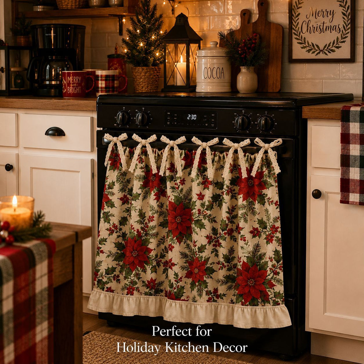 Beautiful Christmas Oven Protector, Holiday Kitchen Decor Gift for Mom, Cute Ruffled Appliance Cover