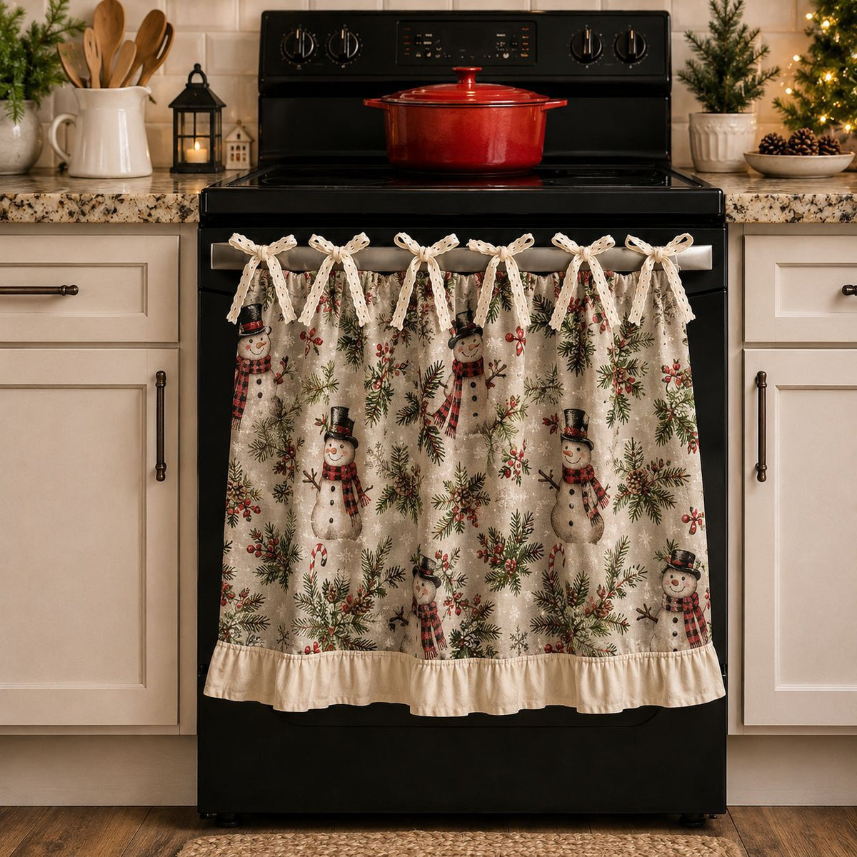 Beautiful Christmas Oven Protector, Holiday Kitchen Decor Gift for Mom, Cute Ruffled Appliance Cover