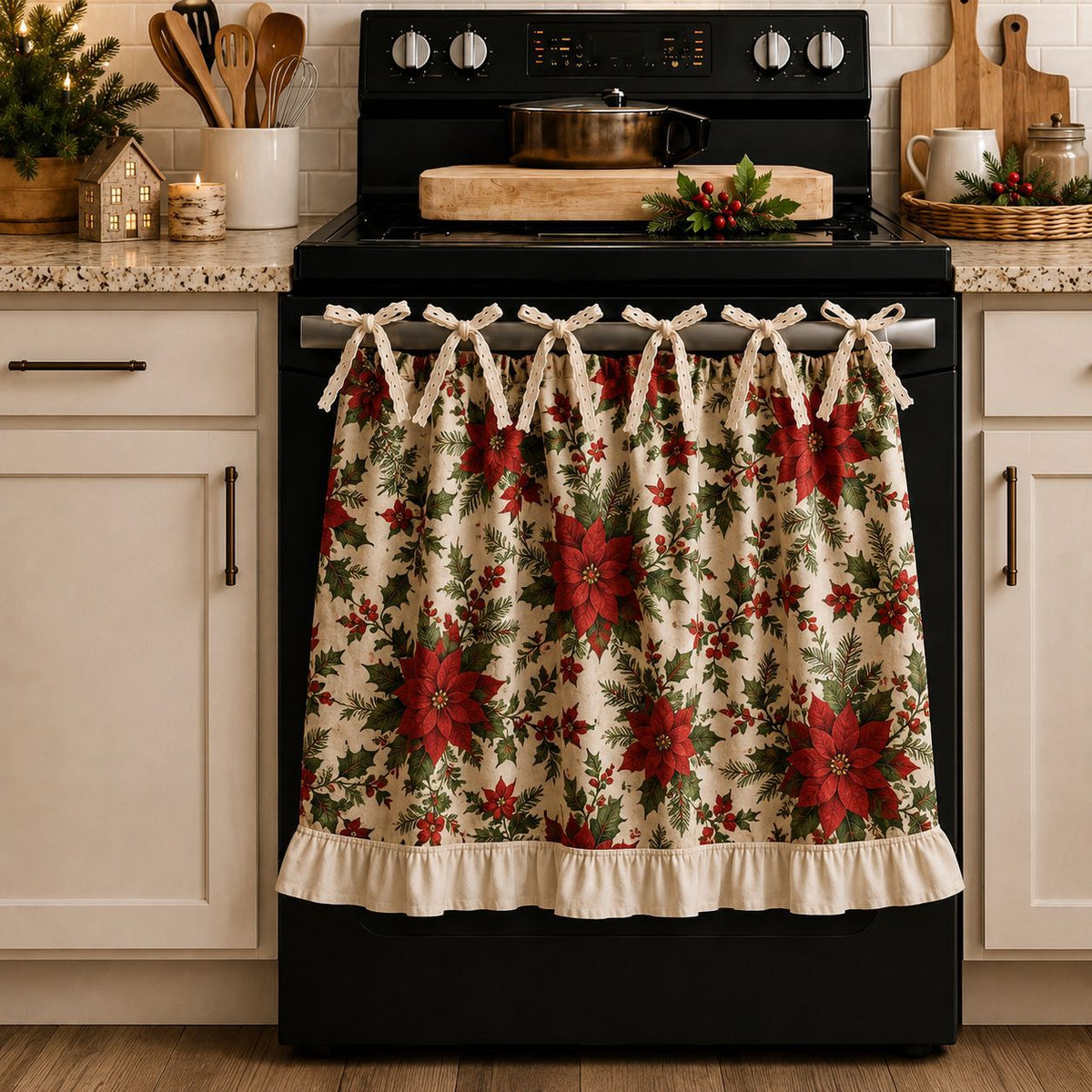 Beautiful Christmas Oven Protector, Holiday Kitchen Decor Gift for Mom, Cute Ruffled Appliance Cover