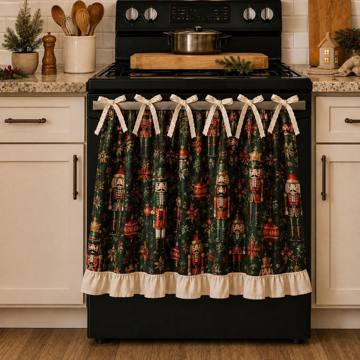 Beautiful Christmas Oven Protector, Holiday Kitchen Decor Gift for Mom, Cute Ruffled Appliance Cover