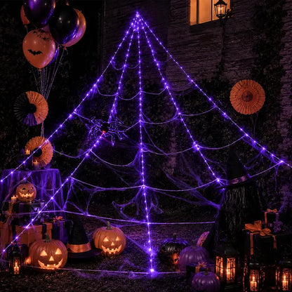 【🎃Halloween sale🎃】Halloween Spider Web Lights Outdoor | LED Spider Web Decoration With Glowing Spider For Yard & Party Decor