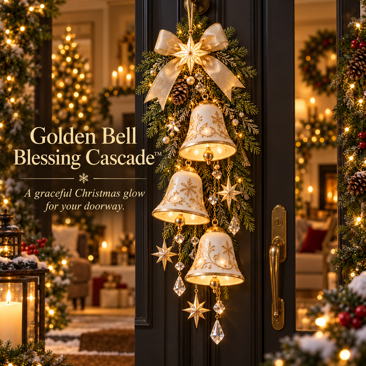 🔔✨ Golden Bell Blessing Cascade™ – Lighted Christmas Door Decor