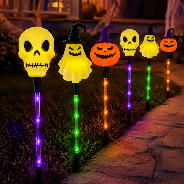 【🎃Halloween Sale🎃】6-Pack Solar Halloween Pathway Lights – Ghost, Pumpkin & Skeleton Yard Stakes