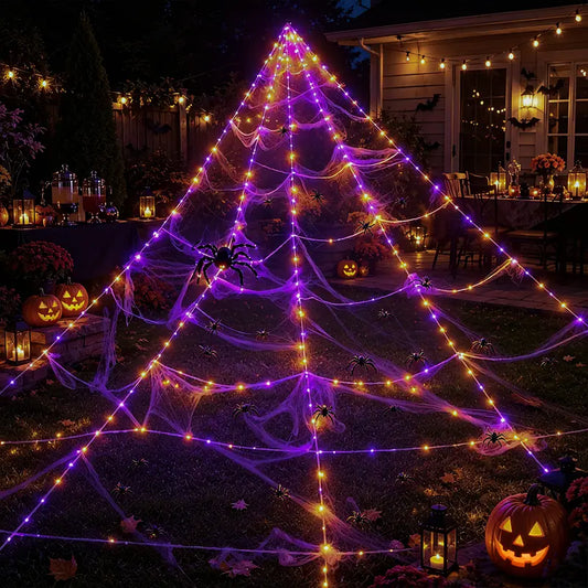 【🎃Halloween sale🎃】Halloween Spider Web Lights Outdoor | LED Spider Web Decoration With Glowing Spider For Yard & Party Decor