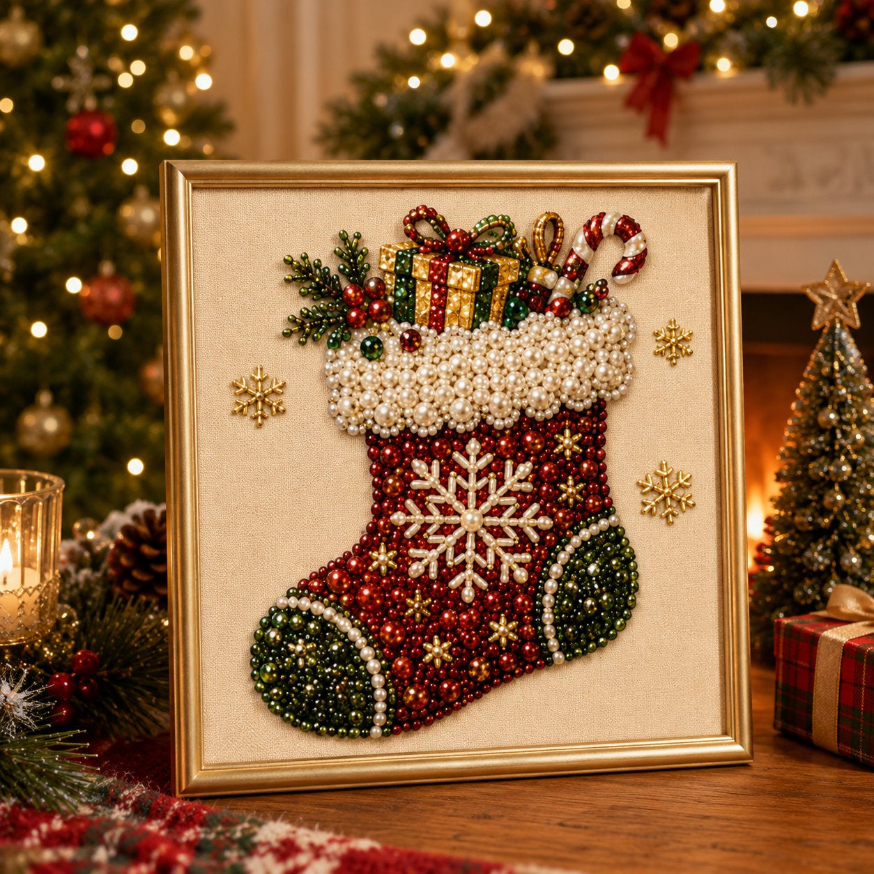 DIY 3D Weihnachtsperlen-Kunstset | Feiertags-Perlenmalerei & Gerahmte Weihnachtswanddekoration