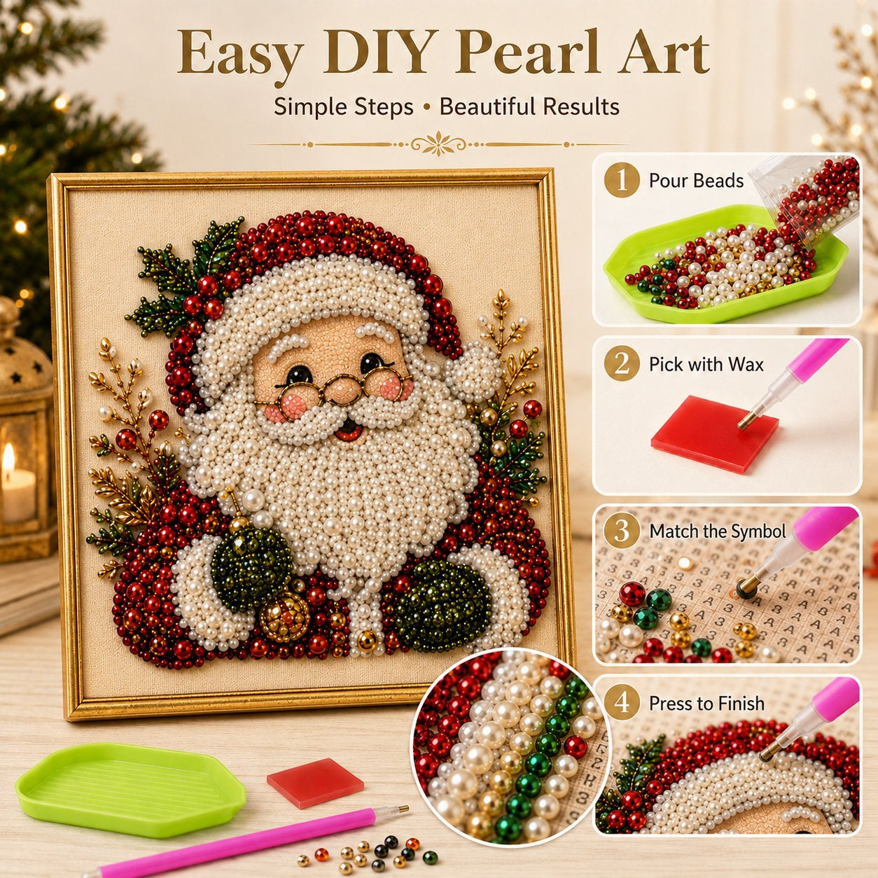 DIY 3D Weihnachtsperlen-Kunstset | Feiertags-Perlenmalerei & Gerahmte Weihnachtswanddekoration