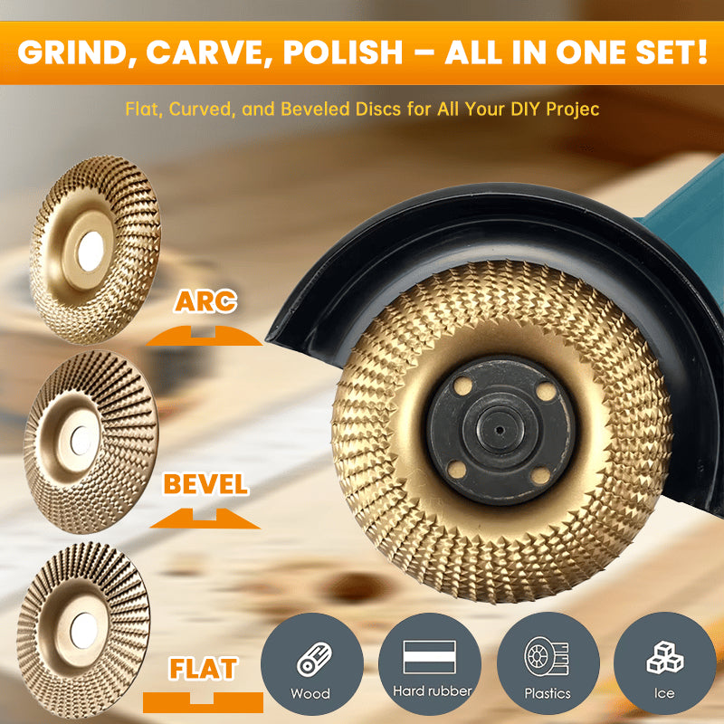 3-Piece Wood Carving Disc Set | Flat, Curved & Beveled Angle Grinder Wheels