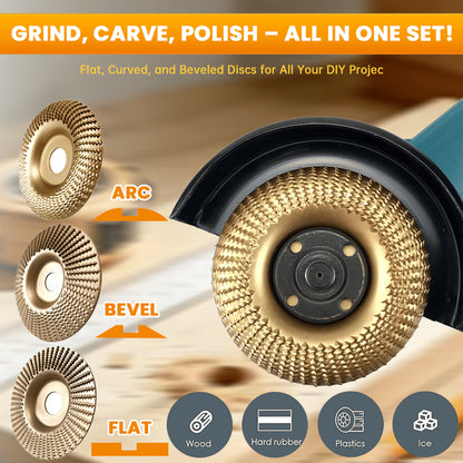 3-Piece Wood Carving Disc Set | Flat, Curved & Beveled Angle Grinder Wheels