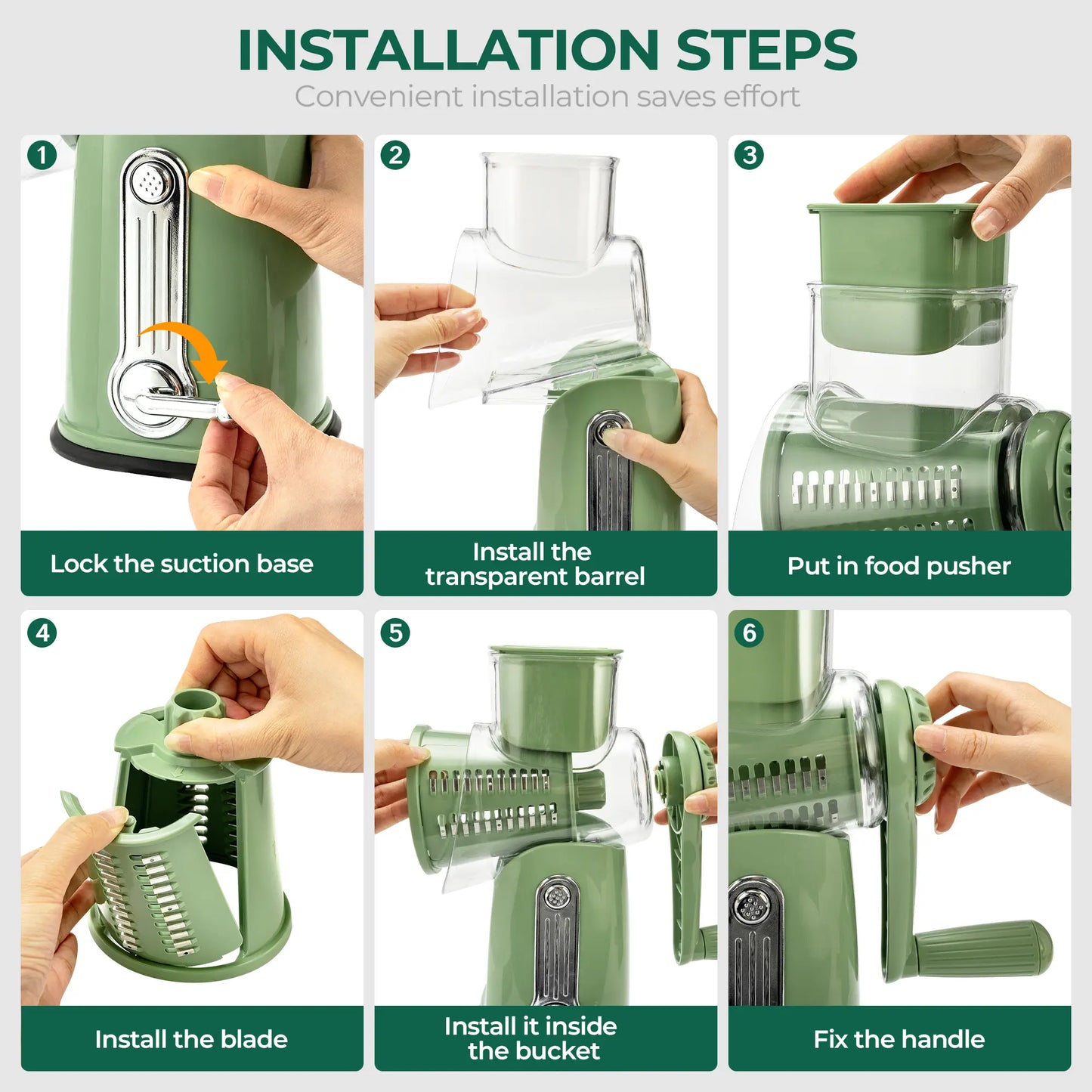 SUSTEAS Manual Cheese Shredder & Rotary Grater with Handle, 5 Well-Designed Stainless Steel Blades, Strong Suction Cup Base, Kitchen Accessories Vegetable Cutting Slicer Tools and Gadgets, Smooth