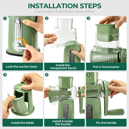 SUSTEAS Manual Cheese Shredder & Rotary Grater with Handle, 5 Well-Designed Stainless Steel Blades, Strong Suction Cup Base, Kitchen Accessories Vegetable Cutting Slicer Tools and Gadgets, Smooth