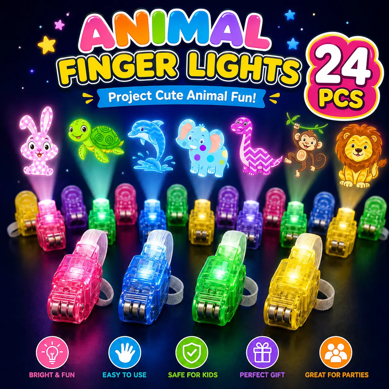 24-Pack Finger Projector Lights for Kids | Halloween & Animal Party Favors