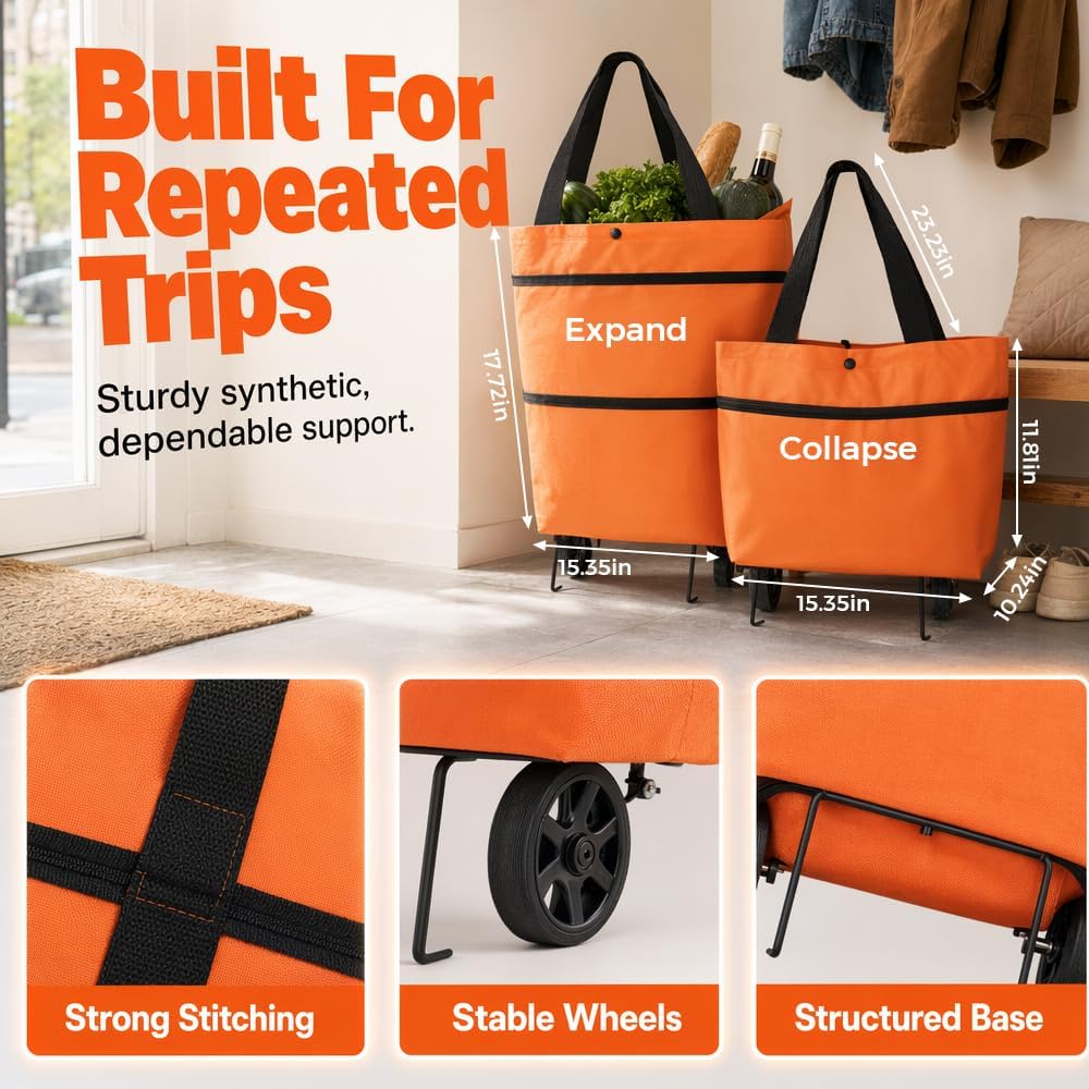 2-in-1 Foldable Shopping Cart With Wheels | Waterproof Grocery Tote Bag For Grocery Shopping, Laundry & Travel