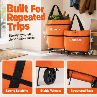 2-in-1 Foldable Shopping Cart With Wheels | Waterproof Grocery Tote Bag For Grocery Shopping, Laundry & Travel