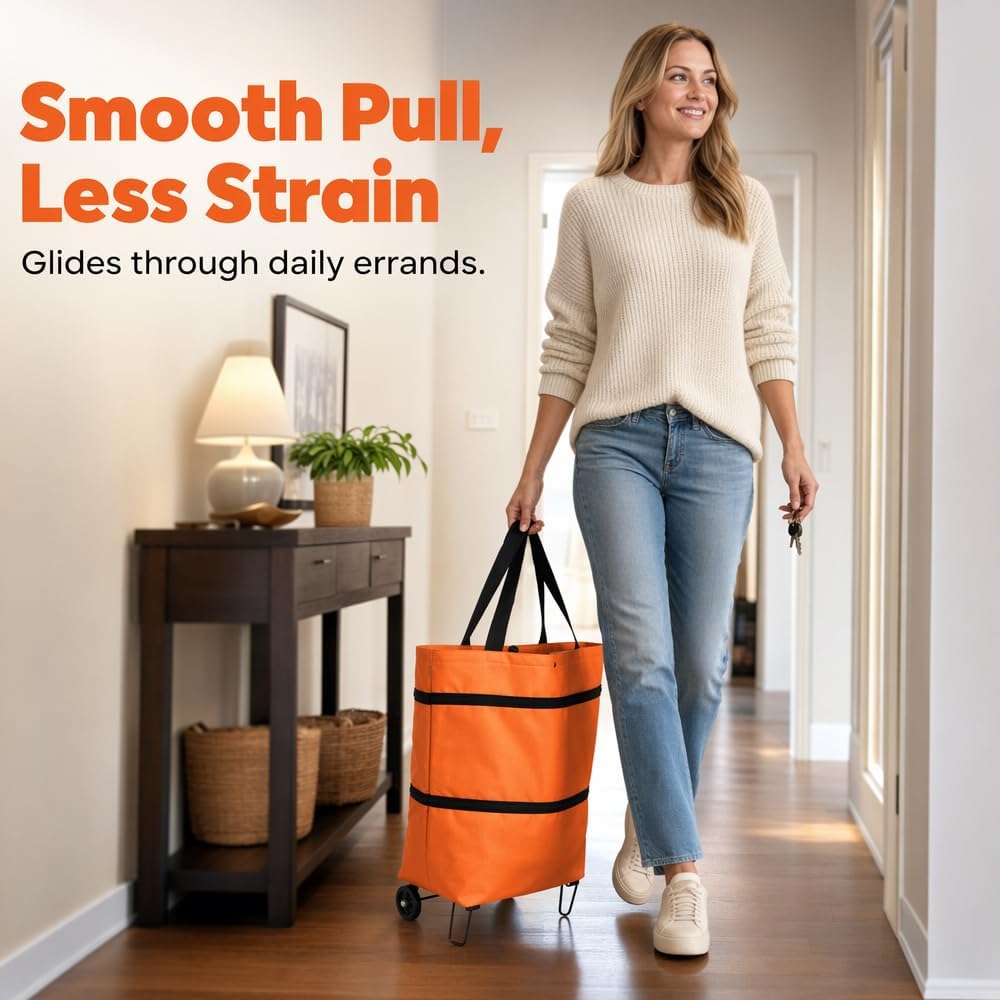 2-in-1 Foldable Shopping Cart With Wheels | Waterproof Grocery Tote Bag For Grocery Shopping, Laundry & Travel