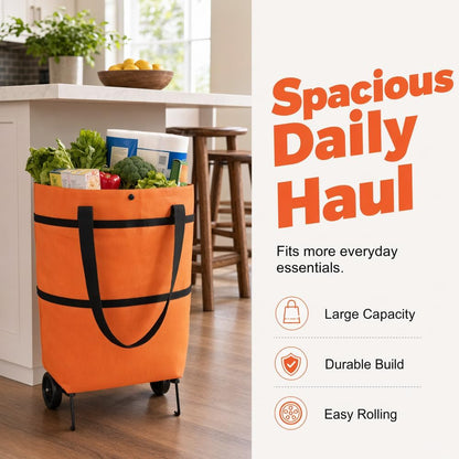 2-in-1 Foldable Shopping Cart With Wheels | Waterproof Grocery Tote Bag For Grocery Shopping, Laundry & Travel