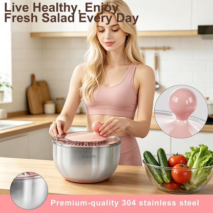 Stainless Steel Salad Spinner Large with 5 Blades Slicer, Lettuce Washer Spinner and Dryer, Vegetable Fruits Chopper Bowl, Egg Yolk Strainer, 5.3Qt Pink