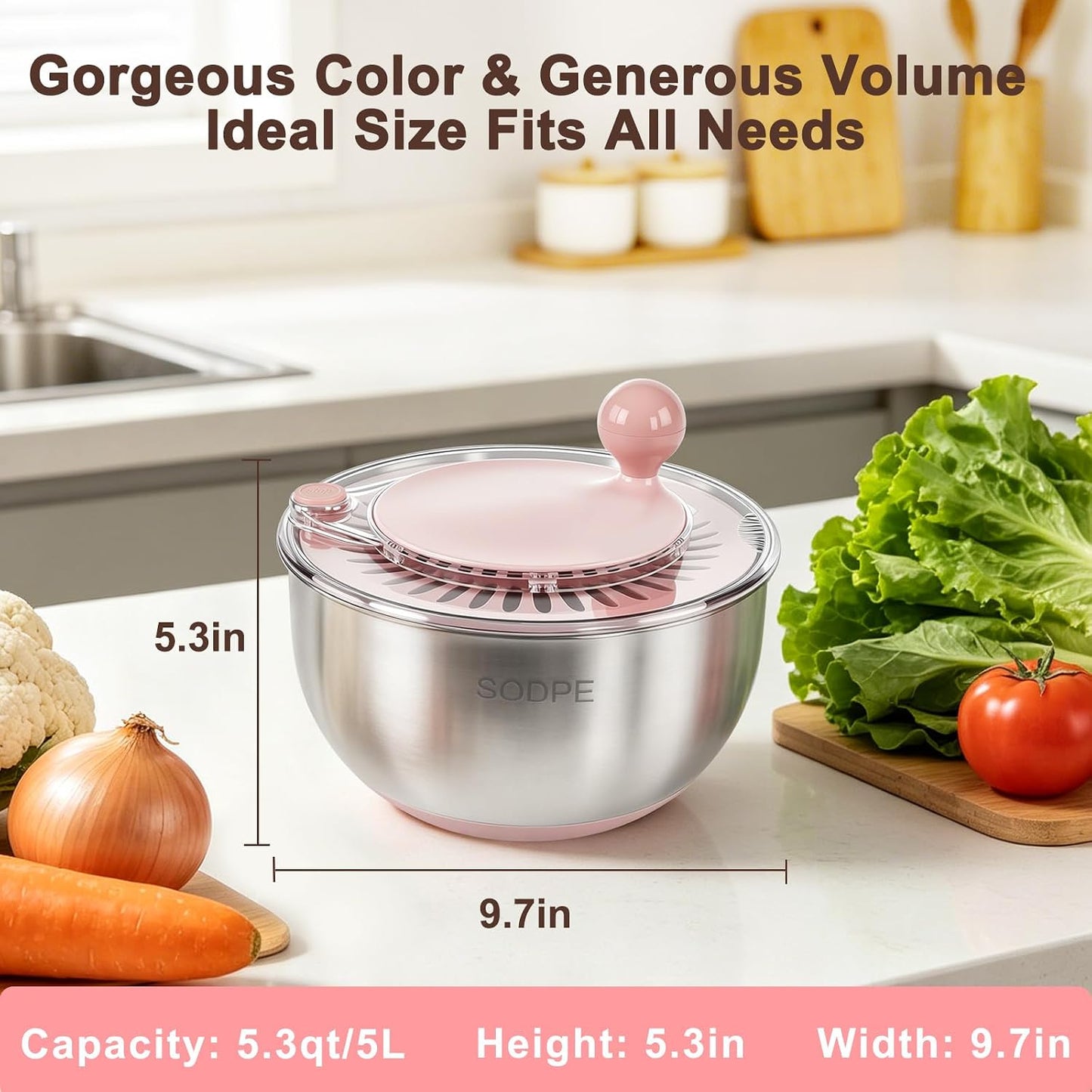 Stainless Steel Salad Spinner Large with 5 Blades Slicer, Lettuce Washer Spinner and Dryer, Vegetable Fruits Chopper Bowl, Egg Yolk Strainer, 5.3Qt Pink