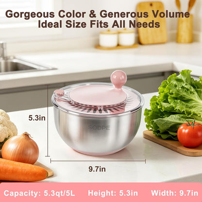Stainless Steel Salad Spinner Large with 5 Blades Slicer, Lettuce Washer Spinner and Dryer, Vegetable Fruits Chopper Bowl, Egg Yolk Strainer, 5.3Qt Pink