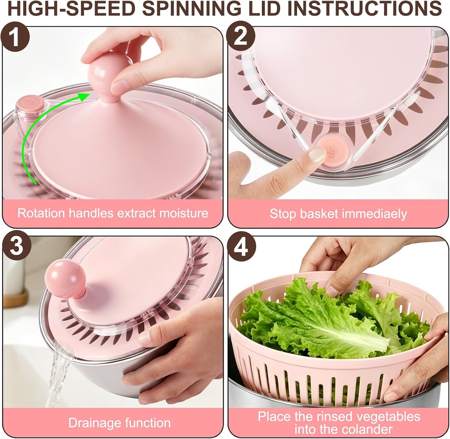 Stainless Steel Salad Spinner Large with 5 Blades Slicer, Lettuce Washer Spinner and Dryer, Vegetable Fruits Chopper Bowl, Egg Yolk Strainer, 5.3Qt Pink