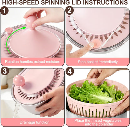 Stainless Steel Salad Spinner Large with 5 Blades Slicer, Lettuce Washer Spinner and Dryer, Vegetable Fruits Chopper Bowl, Egg Yolk Strainer, 5.3Qt Pink