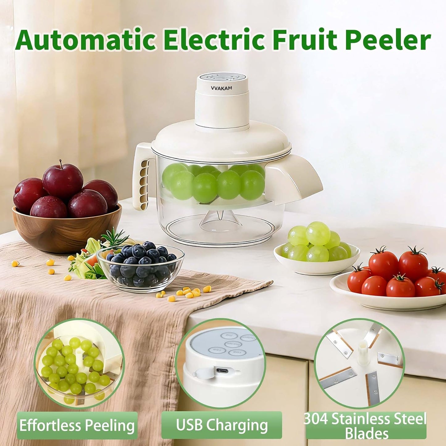 Automatic Grape Peeler Machine, Electric Garlic Peeler & Cherry Tomato,Cordless Electric Grape Peeling Machine for Fruit & Vegetable-Rechargeable Garlic Peeler Skin Remover for Home (Milky White)