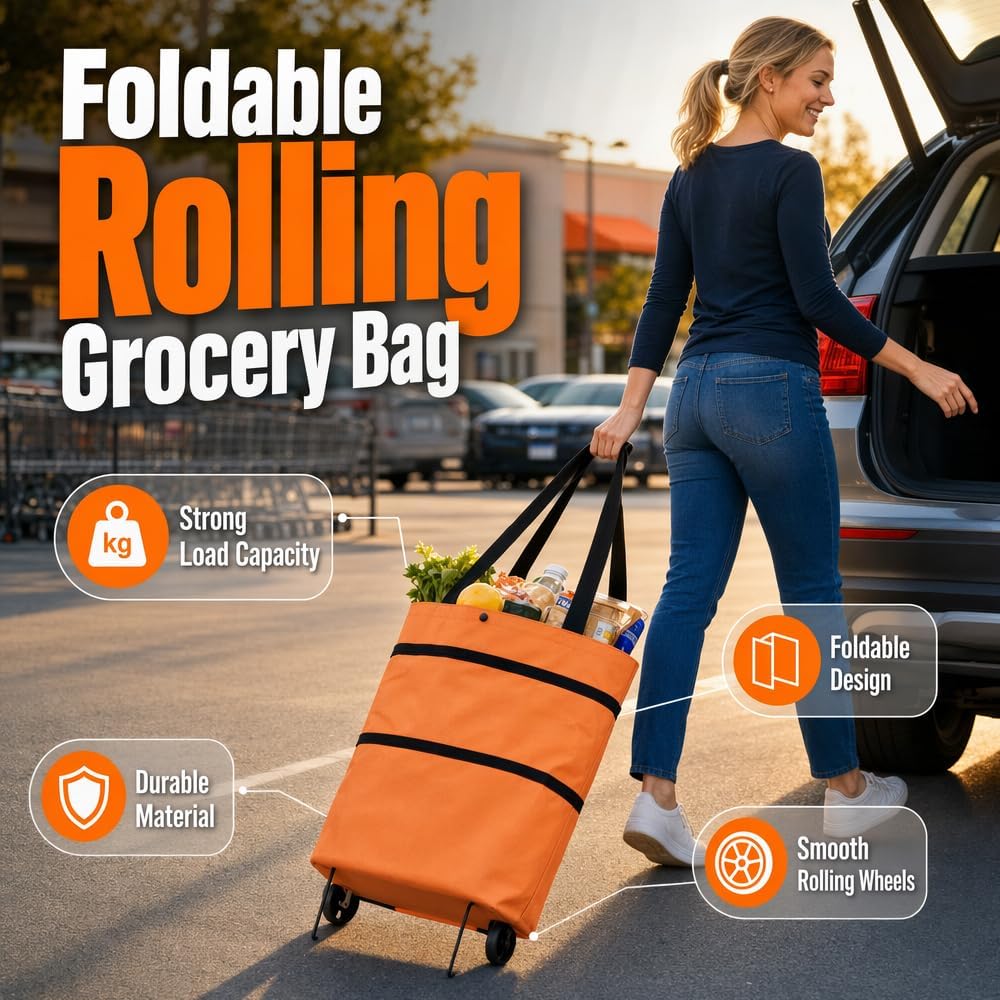 2-in-1 Foldable Shopping Cart With Wheels | Waterproof Grocery Tote Bag For Grocery Shopping, Laundry & Travel