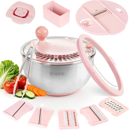 Stainless Steel Salad Spinner Large with 5 Blades Slicer, Lettuce Washer Spinner and Dryer, Vegetable Fruits Chopper Bowl, Egg Yolk Strainer, 5.3Qt Pink