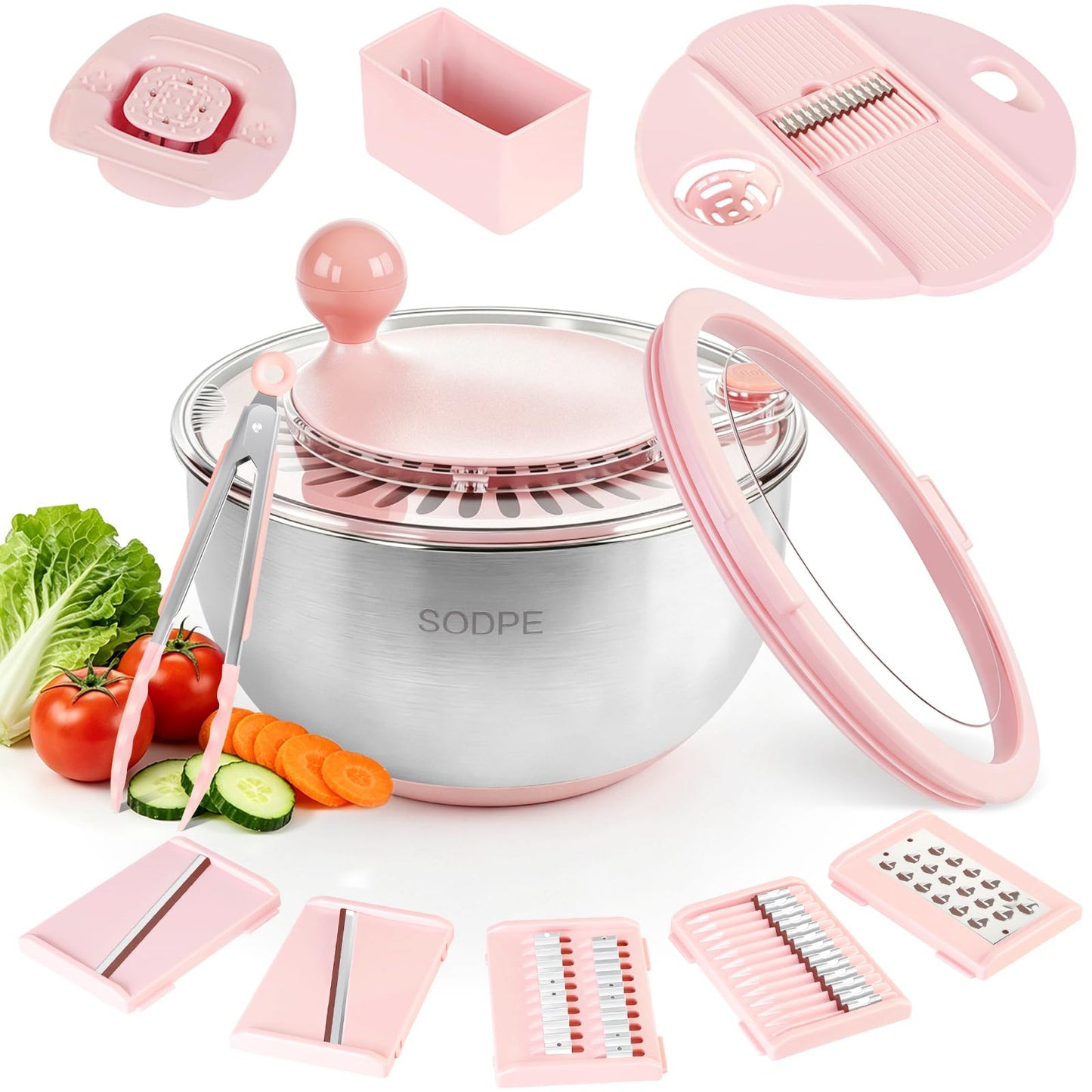 Stainless Steel Salad Spinner Large with 5 Blades Slicer, Lettuce Washer Spinner and Dryer, Vegetable Fruits Chopper Bowl, Egg Yolk Strainer, 5.3Qt Pink