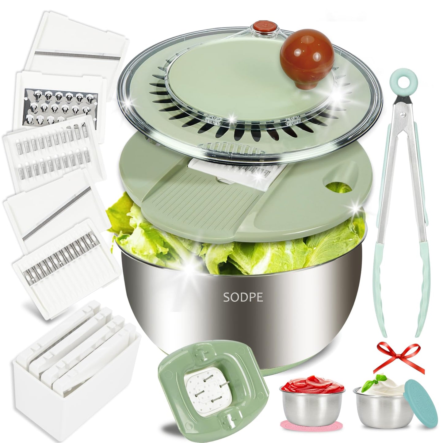 Stainless Steel Salad Spinner Large with 5 Blades Slicer, Lettuce Washer Spinner and Dryer, Vegetable Fruits Chopper Bowl, Egg Yolk Strainer, 5.3Qt Pink