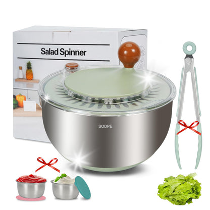 Stainless Steel Salad Spinner Large with 5 Blades Slicer, Lettuce Washer Spinner and Dryer, Vegetable Fruits Chopper Bowl, Egg Yolk Strainer, 5.3Qt Pink