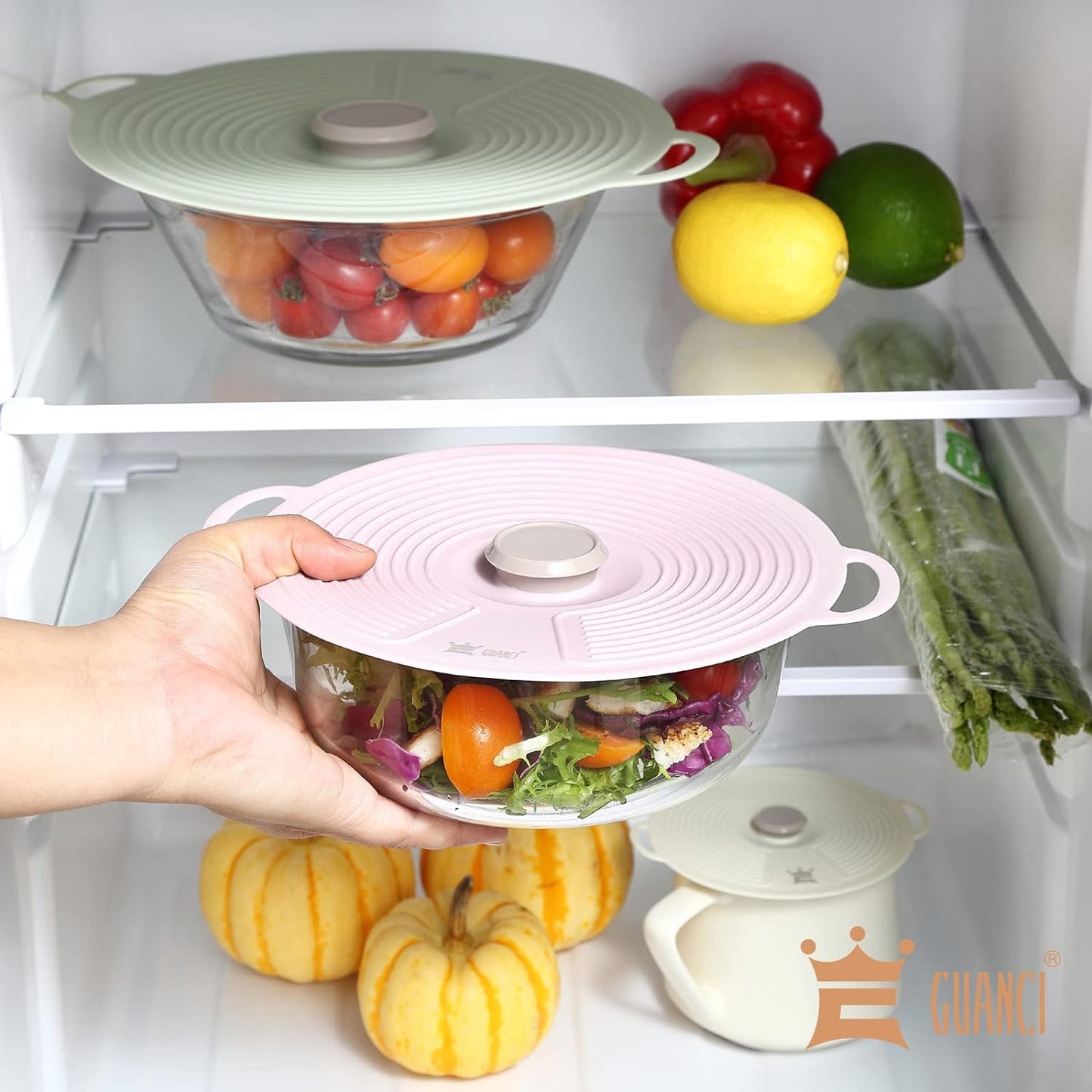 GUANCI Silicone Lids for Bowl 8 Pack, Microwave Splatter Cover with 6 Sizes Reusable Heat Resistant Lids Fits Cups, Bowls, Plates, Pots, Pans, Skillets, Stove Top, Oven, Fridge Dishwasher Safe
