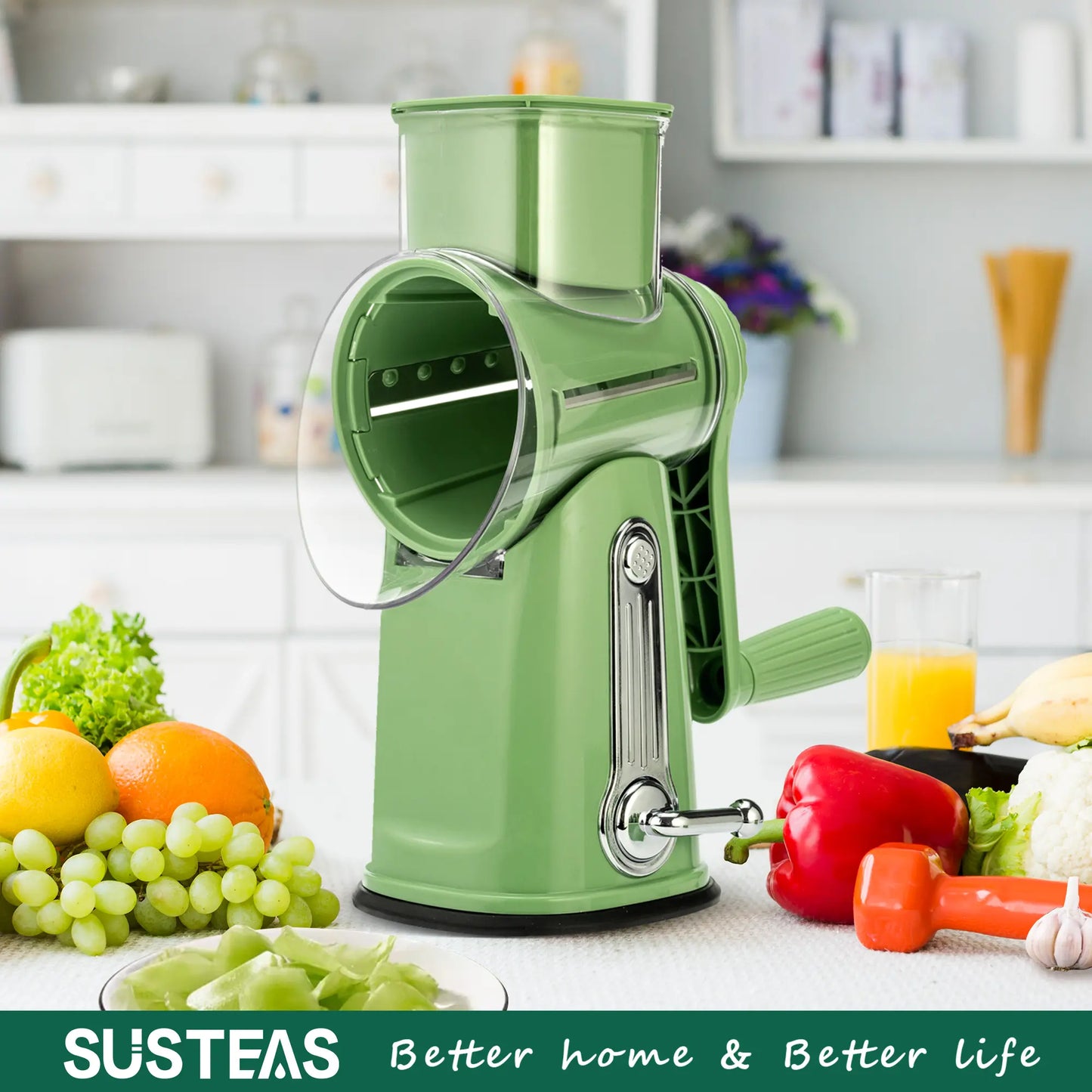 SUSTEAS Manual Cheese Shredder & Rotary Grater with Handle, 5 Well-Designed Stainless Steel Blades, Strong Suction Cup Base, Kitchen Accessories Vegetable Cutting Slicer Tools and Gadgets, Smooth