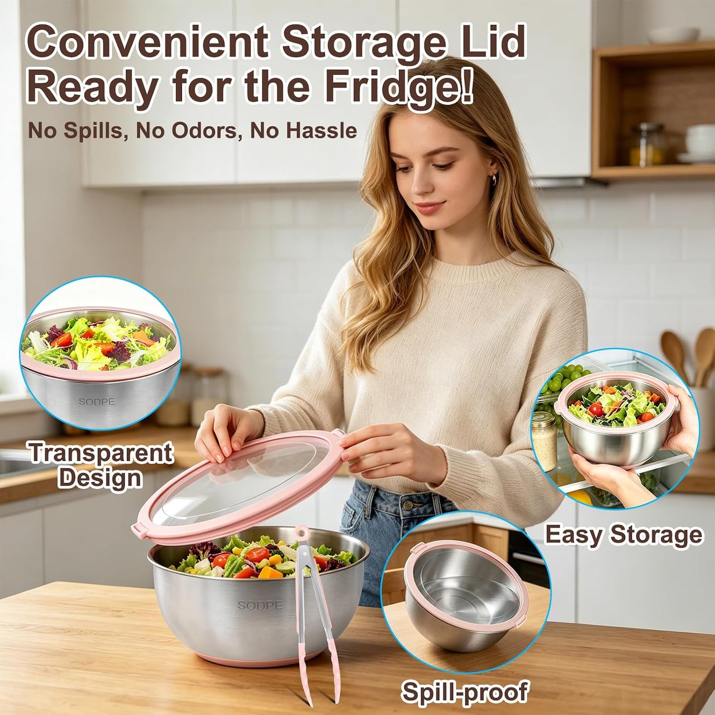 Stainless Steel Salad Spinner Large with 5 Blades Slicer, Lettuce Washer Spinner and Dryer, Vegetable Fruits Chopper Bowl, Egg Yolk Strainer, 5.3Qt Pink
