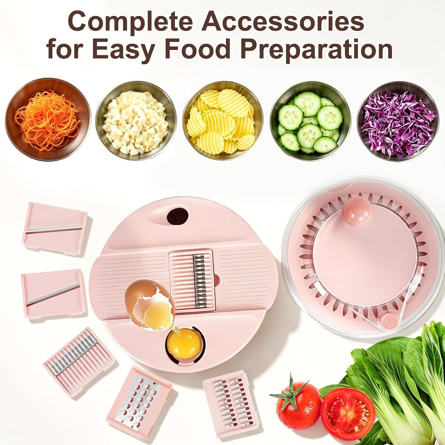 Stainless Steel Salad Spinner Large with 5 Blades Slicer, Lettuce Washer Spinner and Dryer, Vegetable Fruits Chopper Bowl, Egg Yolk Strainer, 5.3Qt Pink